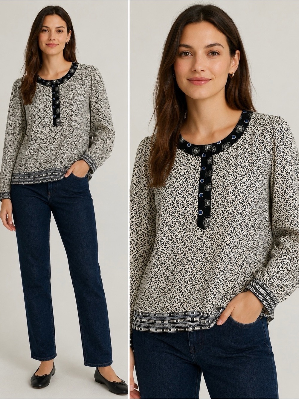 Sea New York White & Black 100% Silk Button-Up Geometric Print Tunic Size 4